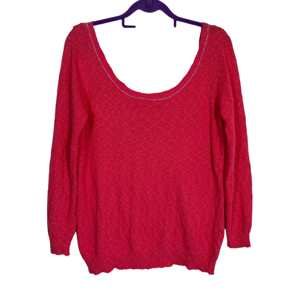 Sando Sz 3/ L Coral Pink Boucle Textured Knit Scoop Neck Sweater Metallic Trim